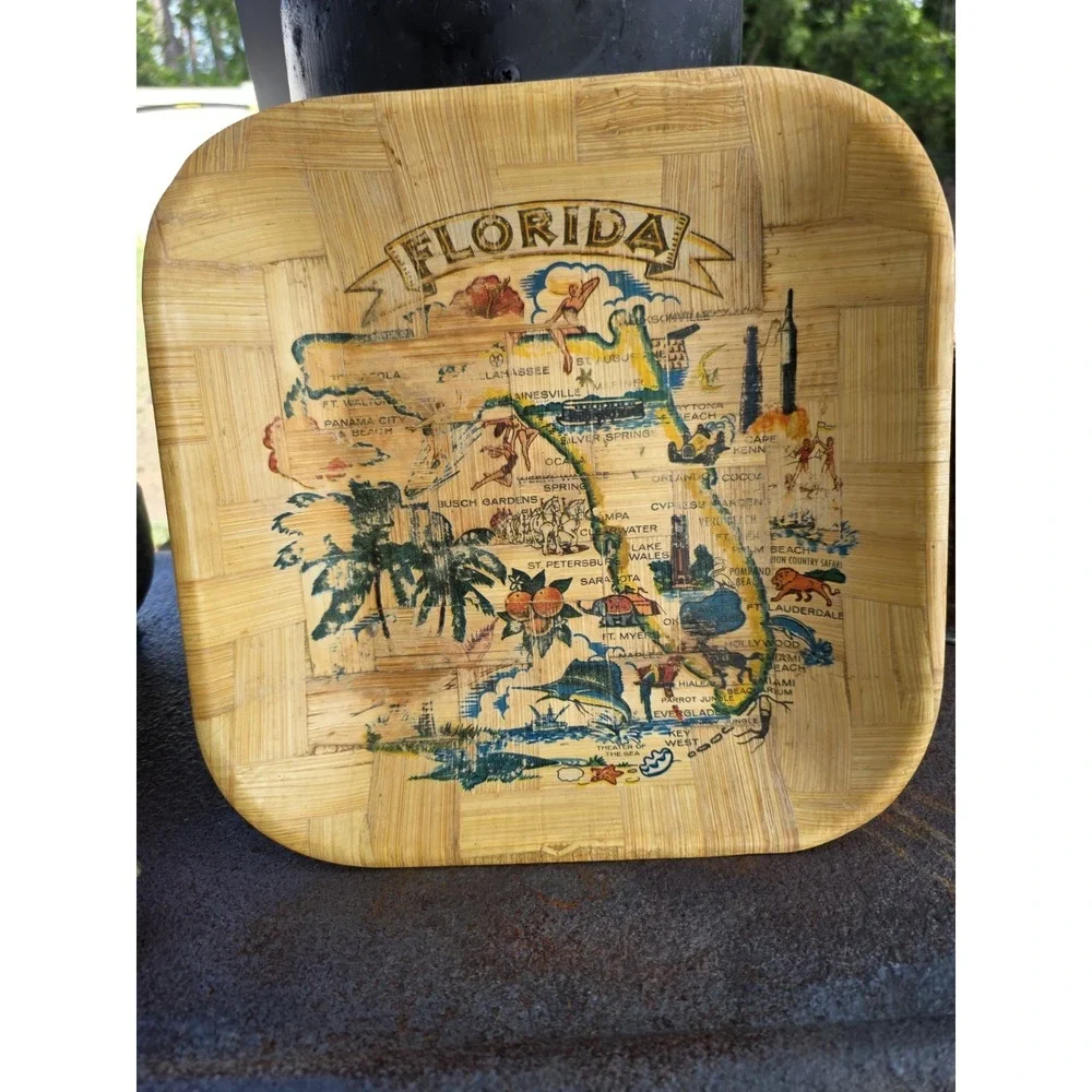 VTG Florida Souvenir Bamboo Tray 11x11 Map Palm‎ Trees Mid Century Tiki Decor